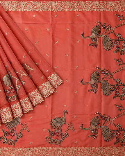 Soft Organza  Saree with Thread Work  and Scallop Border - Coral