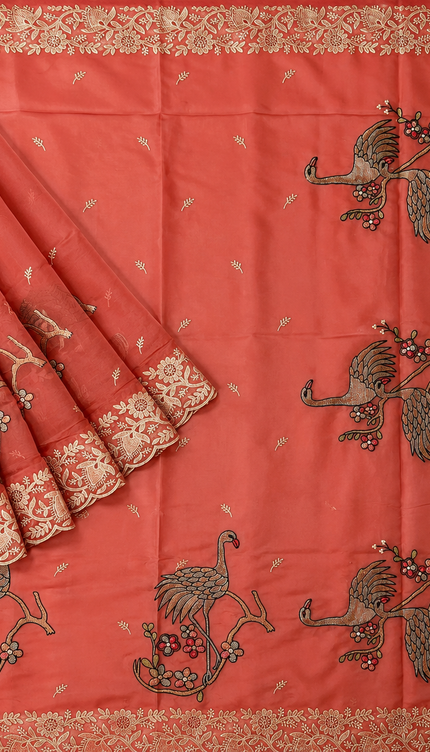 Soft Organza  Saree with Thread Work  and Scallop Border - Coral