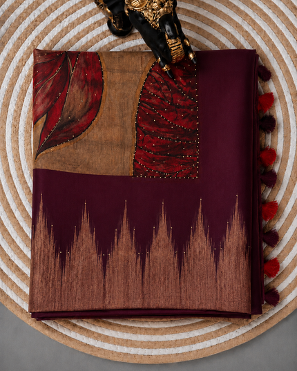 Chanderi Saree Lotus Butties Temple Design Border- Dark Violet