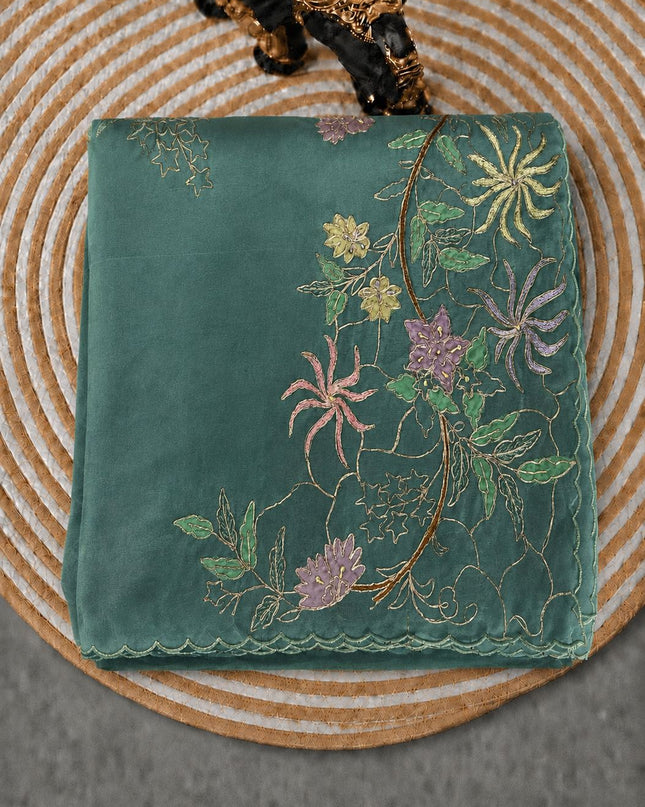 Soft Orznga Saree with Applique work And Ari Work with Scallop Border -  Sage Green