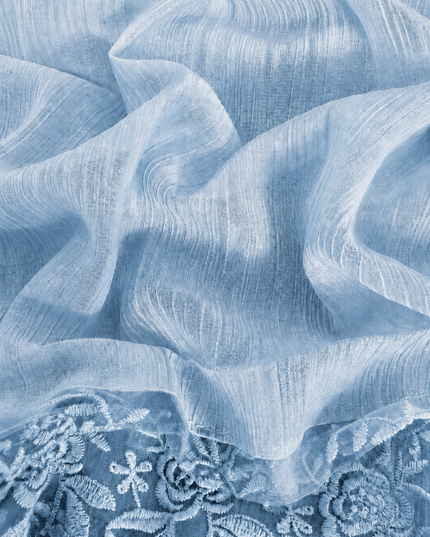 Malai Chanderi Saree with Allover small mirror work and  Thread Embroidery  Scallop Border  - Light Blue