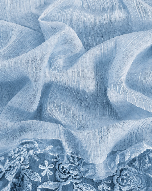 Malai Chanderi Saree with Allover small mirror work and  Thread Embroidery  Scallop Border  - Light Blue