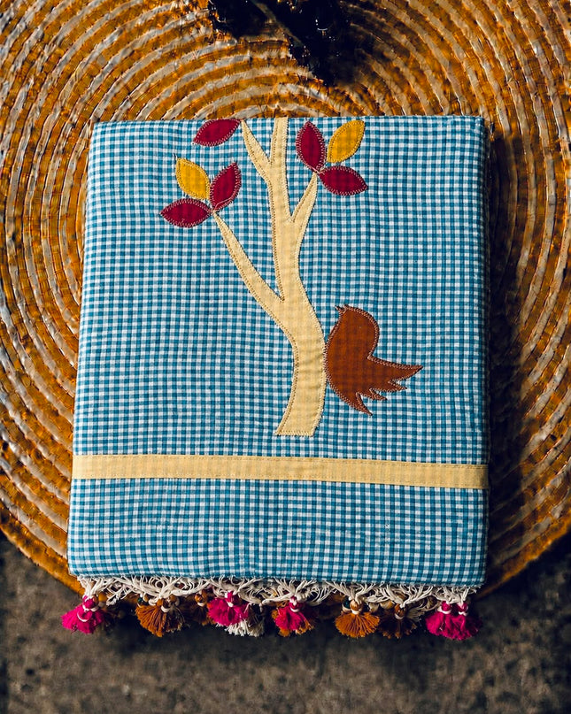 Cotton Saree With Checks Design and Contrast Border - Sky Blue