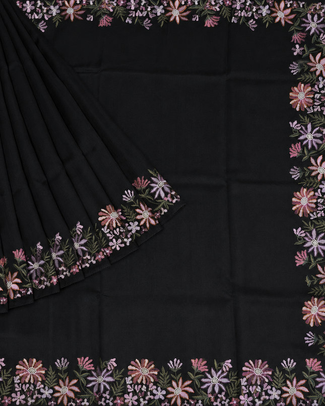 Tusser Silk Saree With Thread Embroidery Work and Lace Border - Black