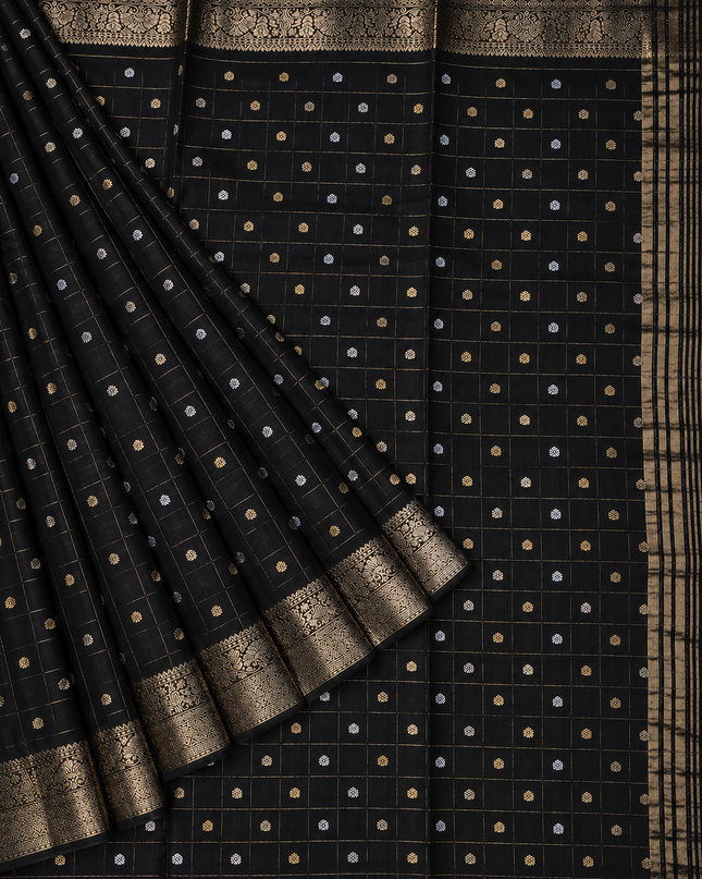 Chinon Silk Saree  with Golden Zari  Weaving Checks Design With Small Butties  Contrast Golden Zari Border -Black