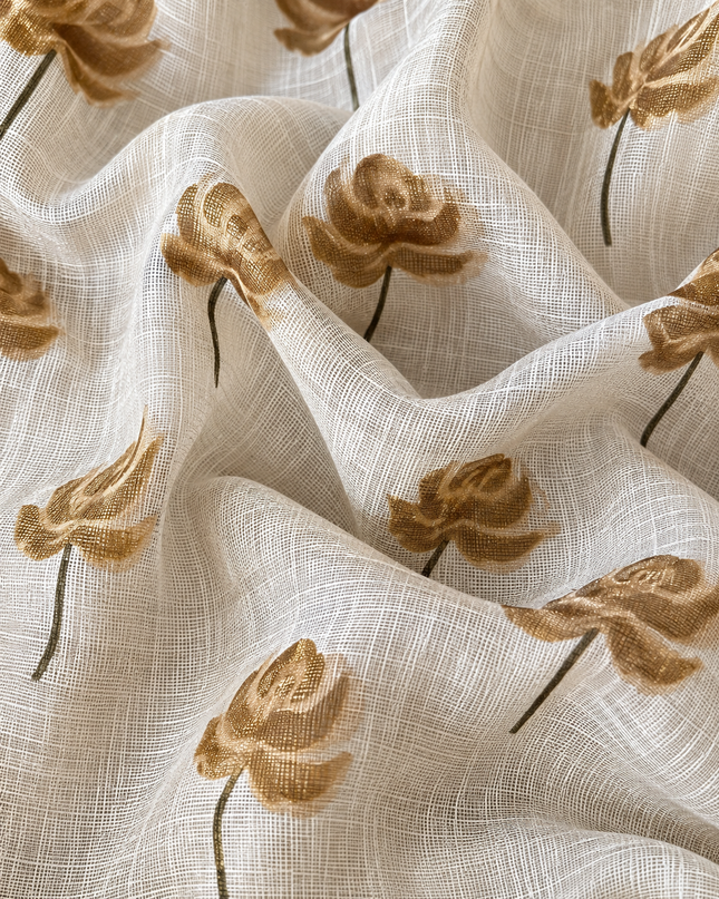 Linen Saree with Floral Print and Kardhana Work - Beige & Mustard