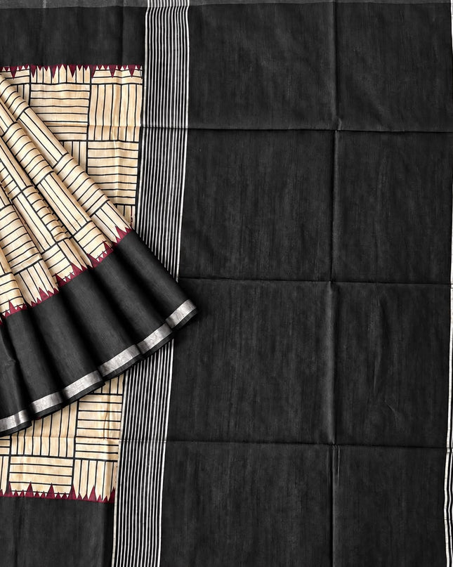 Tusser Saree with Checks Design and contrast Border -  Beige & Black