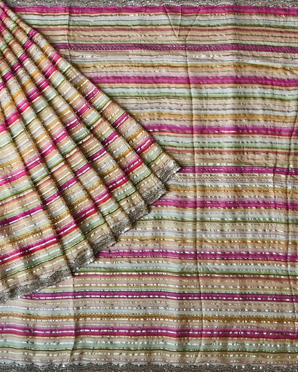 Georgette Saree With All over  Multi Stripes Design and Sequences and kardhana work Border -  Multi