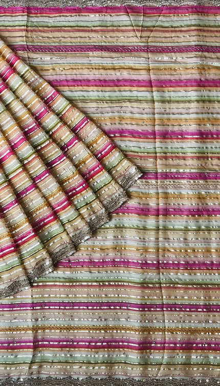 Georgette Saree With All over  Multi Stripes Design and Sequences and kardhana work Border -  Multi
