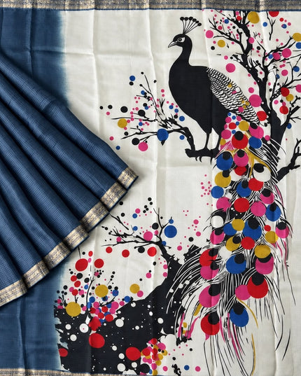 Pure Silk Kota Saree With Peacock Print and Small Kanchi Border - Teal Blue