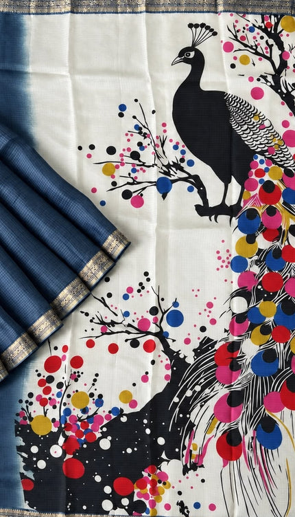 Pure Silk Kota Saree With Peacock Print and Small Kanchi Border - Teal Blue