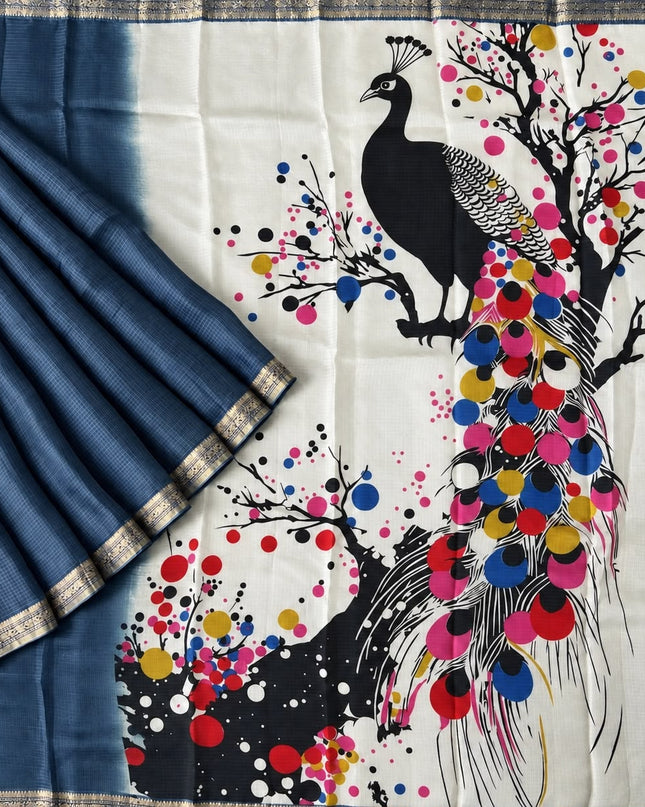 Pure Silk Kota Saree With Peacock Print and Small Kanchi Border - Teal Blue