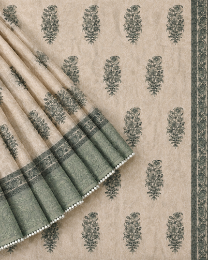 Silk Kota Saree with Floral Print and Thread Embroidery work Border with Lace - Olive Green