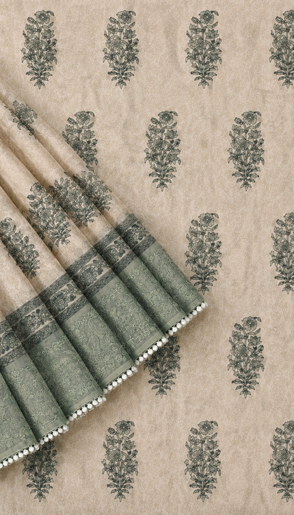 Silk Kota Saree with Floral Print and Thread Embroidery work Border with Lace - Olive Green
