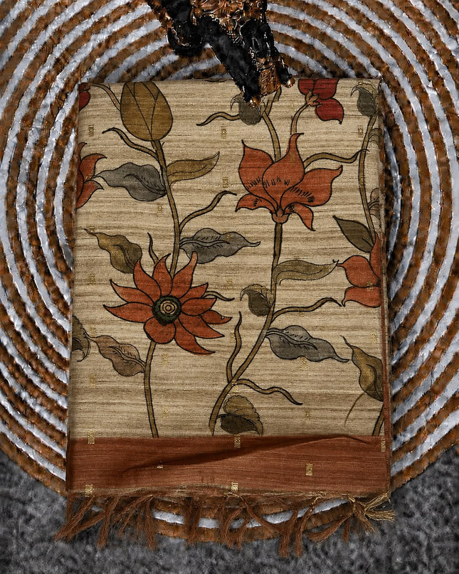 Tusser Saree With Floral Print  and small gold Buttes with and Golden Border  -  Beige
