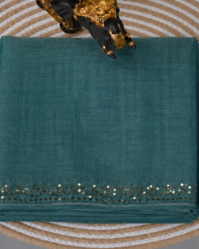 Tissue Linen Saree with Mirror Work Border- Rama Green