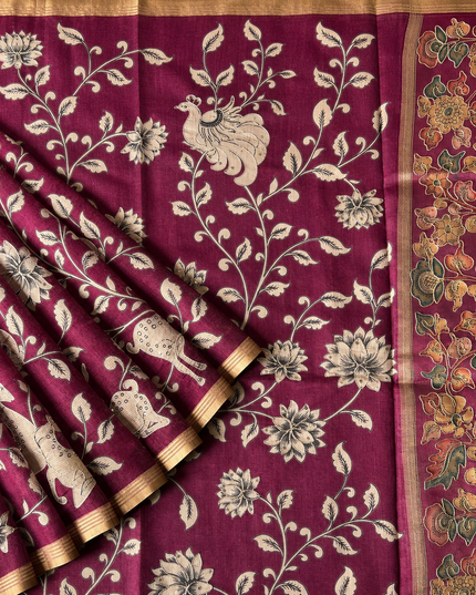 Kora Tusser kalmkari Sarree  With  Dori work and  Golden Border-  Wine