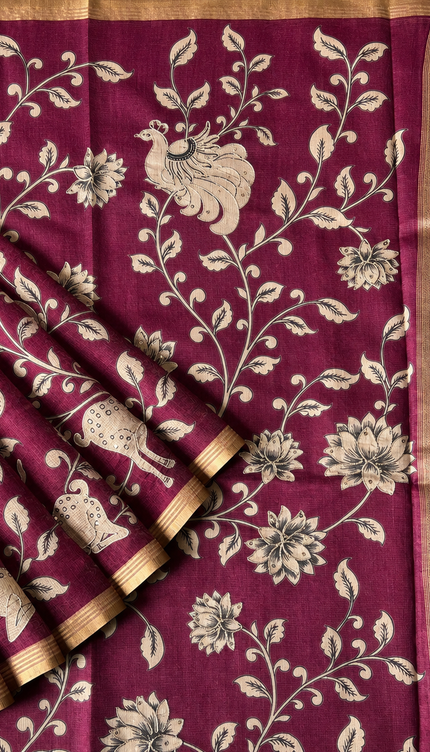 Kora Tusser kalmkari Sarree  With  Dori work and  Golden Border-  Wine