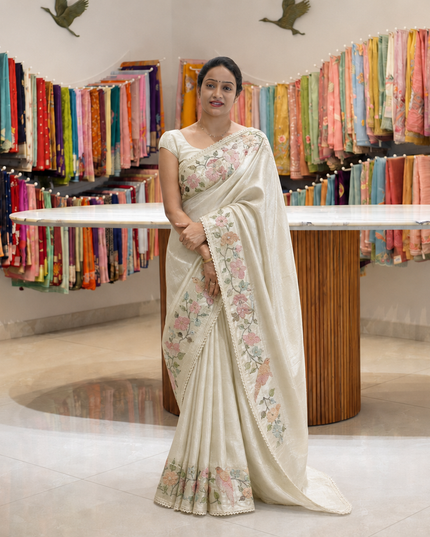 Satin Silk Saree With  Self Embroidery Design Border -  OFF White
