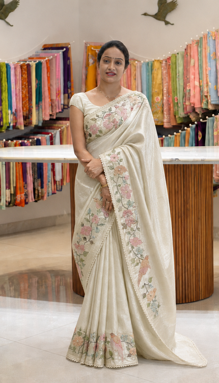 Satin Silk Saree With  Self Embroidery Design Border -  OFF White