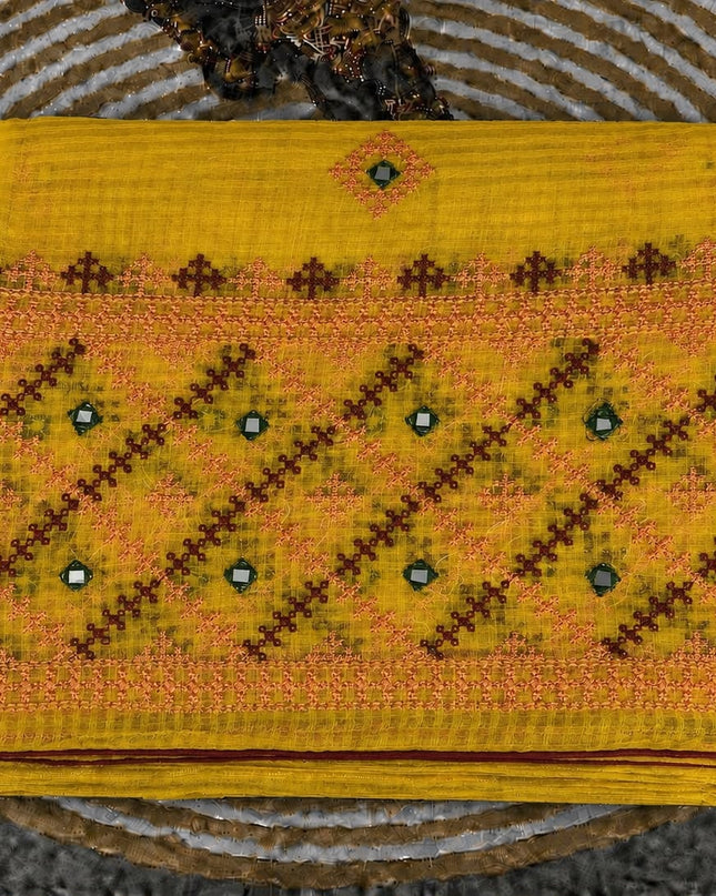 Kota Cotton Saree With Cross Stich Work With Mirror work and piping Border -Mustard