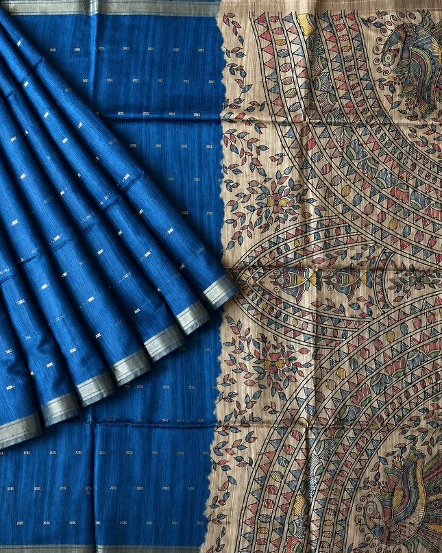 Tusser Saree With Floral Print  and small gold Buttes with and Golden Border  -Peacock Blue