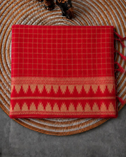 Green Silk Saree with Checks Design And Temple Design Border - Red