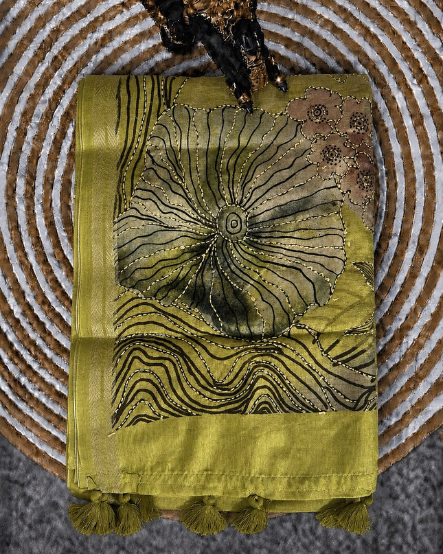 Tusser Silk Saree With Floral Print and Contrast Border - Mehandi Green