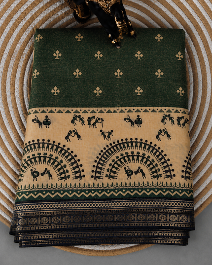 Munga Silk Saree With Floral Print and Kalmkari Border - Sage Green