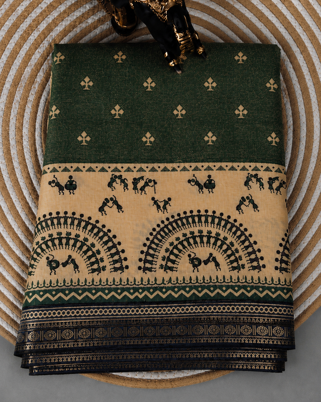 Munga Silk Saree With Floral Print and Kalmkari Border - Sage Green