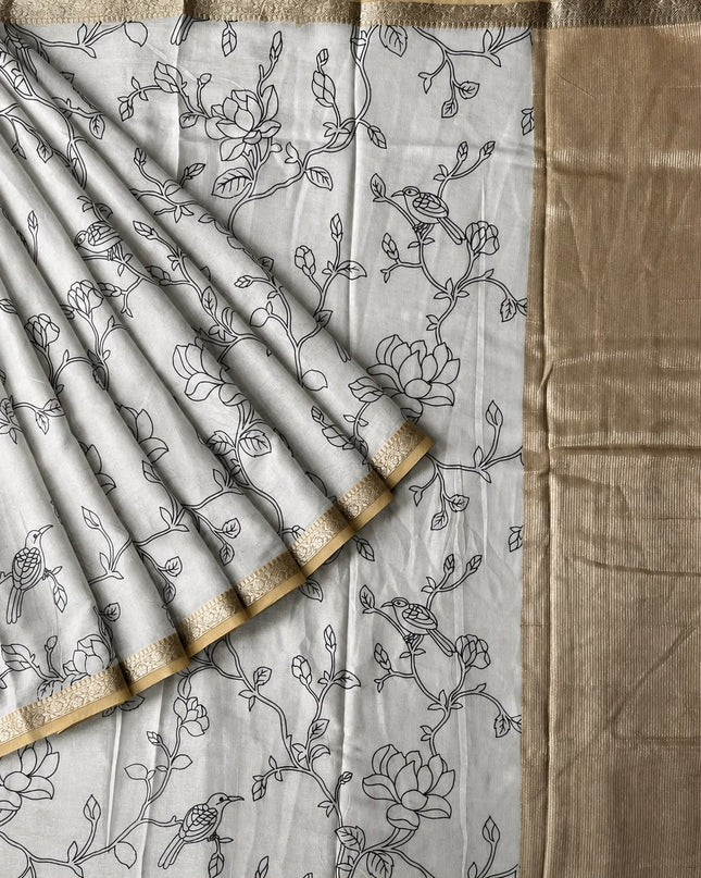 Mul Tissue Saree With Floral Print Small Kanchi Border- White & Mustard