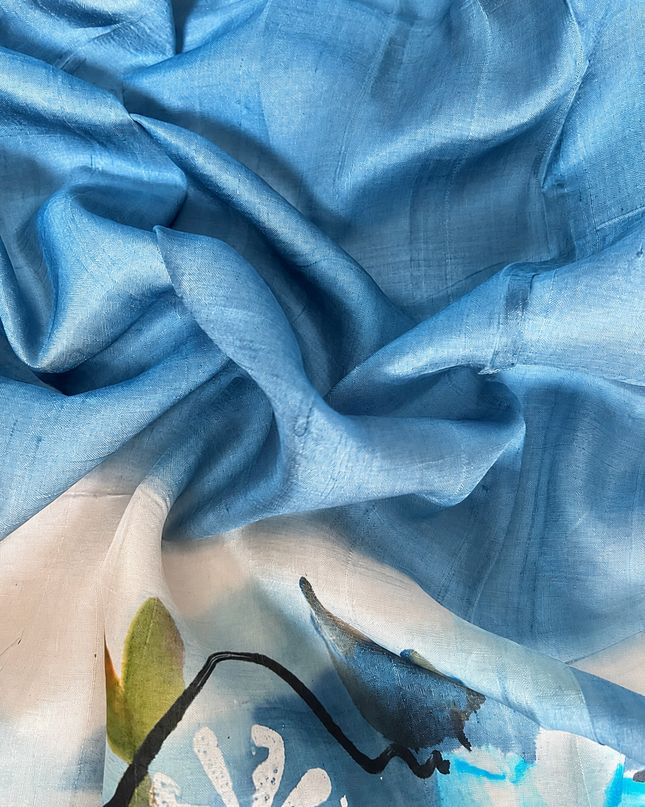 Pure Tusser  Silk Saree With All Over Hand Painting -  Light Blue