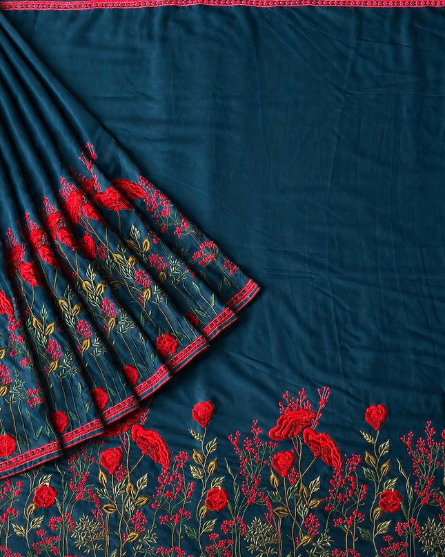Georgette Saree With Thread Embroidery Work and Piping Border - Peacock Blue
