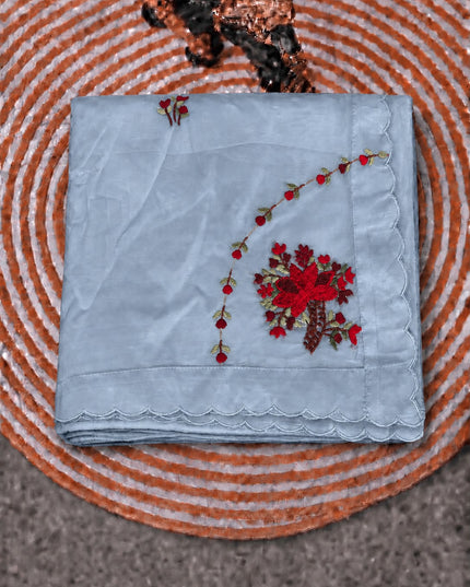 Italian Silk Saree With Kantha Work and French knot Work and Scallop Border- Blue