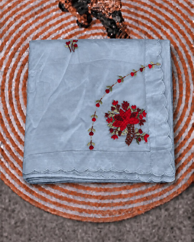 Italian Silk Saree With Kantha Work and French knot Work and Scallop Border- Blue