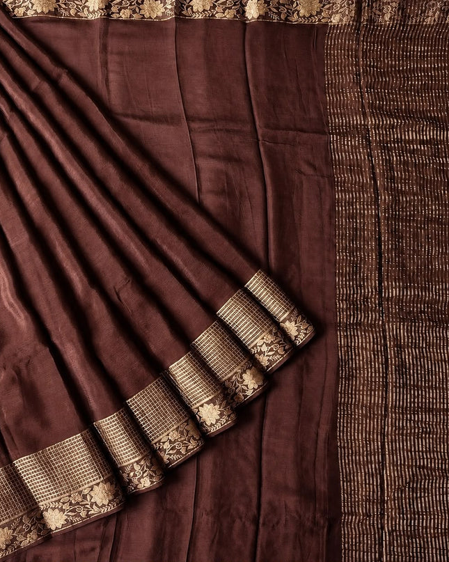 Crepe Saree with Gold Zari  Weaving Border  - Coffee Brown