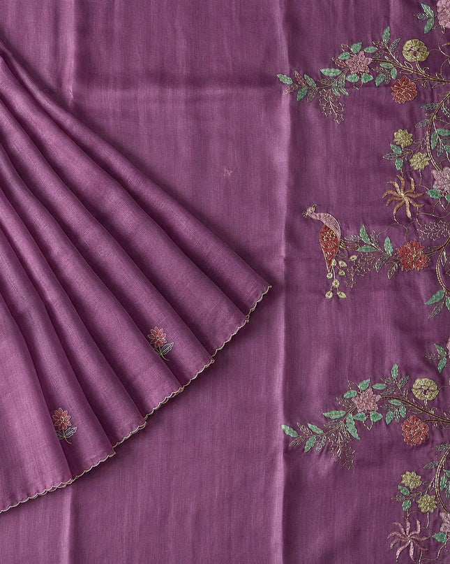 Soft Orznga Saree with Applique work And Ari Work with Scallop Border - Onion Pink