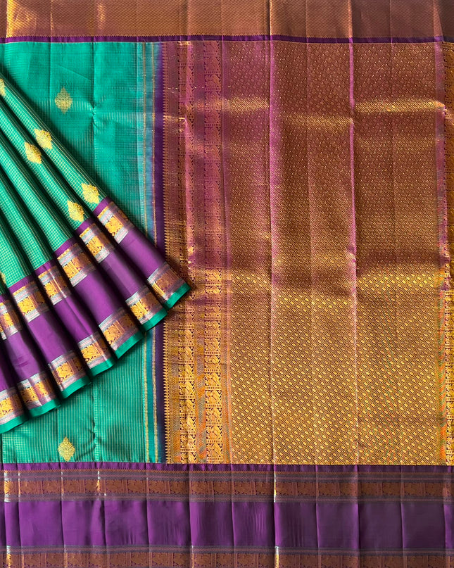 Pure Kanchi Pattu Saree With Allover Checks and Floral Motifs and  Gap Border -  Green