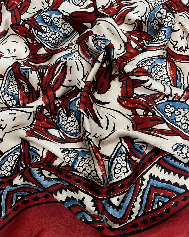 Modal silk saree with ajrakh Design and  Contrast Border - Cream & Red