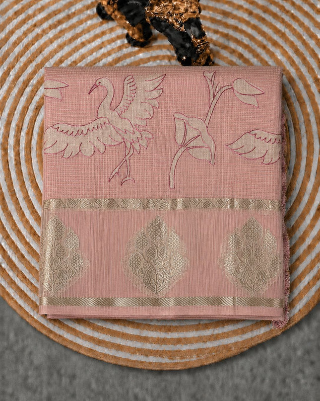 Kora Kota Saree with Applique work and Gap Border -  Pink