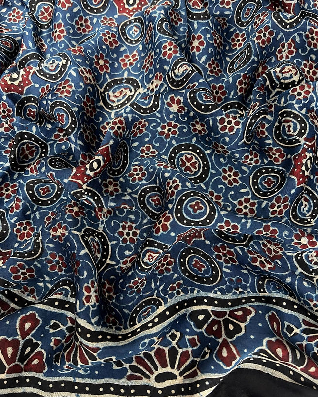 Modal silk saree with ajrakh Design and  Contrast Border - Peacock Blue