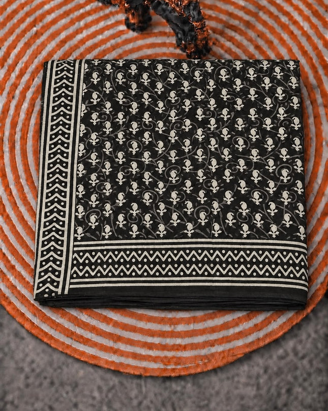 mul Cotton Saree with  Block Printed -Black