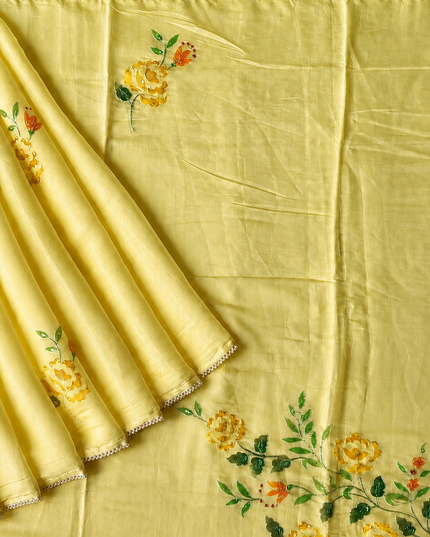 Mul  chanderi saree with  Foral Print and  Ari Work Pearl Border - Lemon  yellow