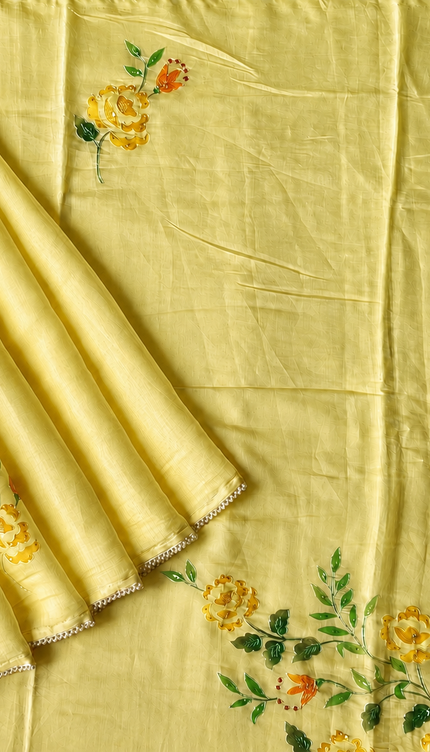 Mul  chanderi saree with  Foral Print and  Ari Work Pearl Border - Lemon  yellow