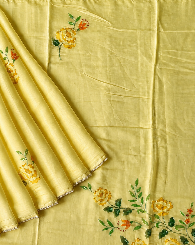 Mul  chanderi saree with  Foral Print and  Ari Work Pearl Border - Lemon  yellow