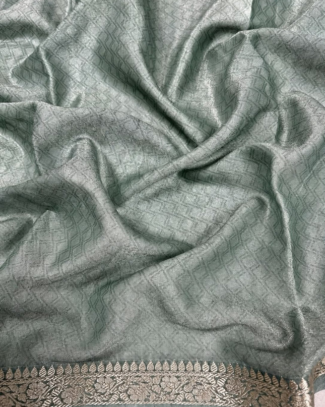 Mul Tissue Saree With Floral Print Small Kanchi Border- White &  Sage Green