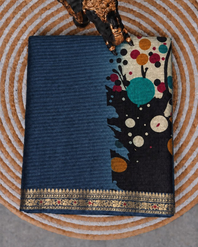 Pure Silk Kota Saree With Peacock Print and Small Kanchi Border - Teal Blue