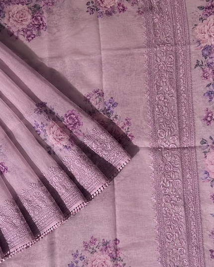 Silk Kota Saree with Floral Print and Thread Embroidery work Border with Lace- Light Purple