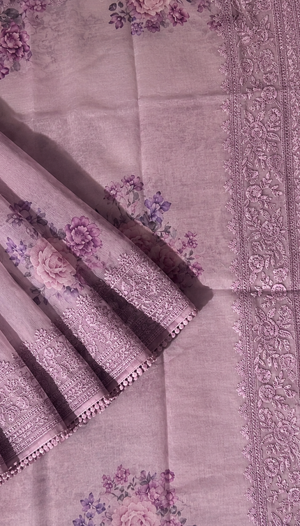 Silk Kota Saree with Floral Print and Thread Embroidery work Border with Lace- Light Purple