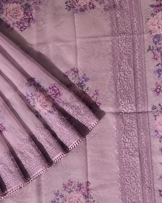 Silk Kota Saree with Floral Print and Thread Embroidery work Border with Lace- Light Purple